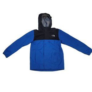 The North Face Boys Rain Jacket Blue Black Colorblock Zip Long Sleeve Hooded XS